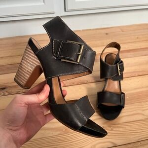 Clarks Artisan Womens Black Leather Block Heel Buckle Sandals 26105877 Size 9